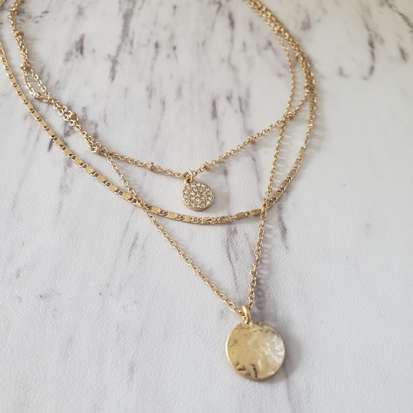 Layered Goldtone and Crystal Double Disc Necklace - Picture 2 of 4